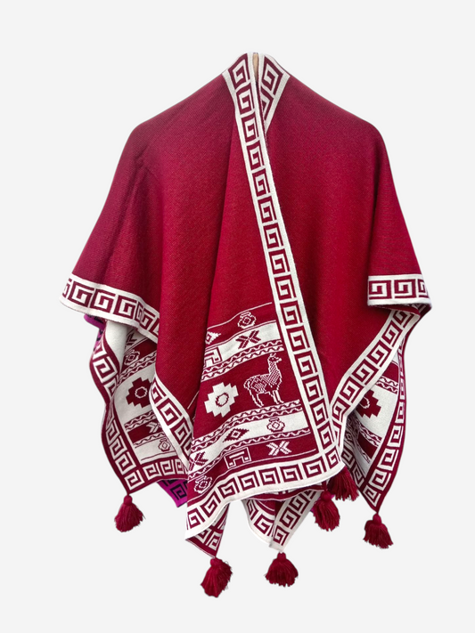 Ruana con motivos Crema y Guinda