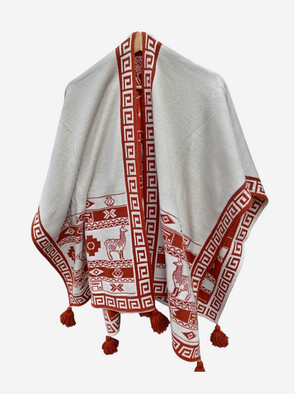 Ruana con motivos Ocre y Crema