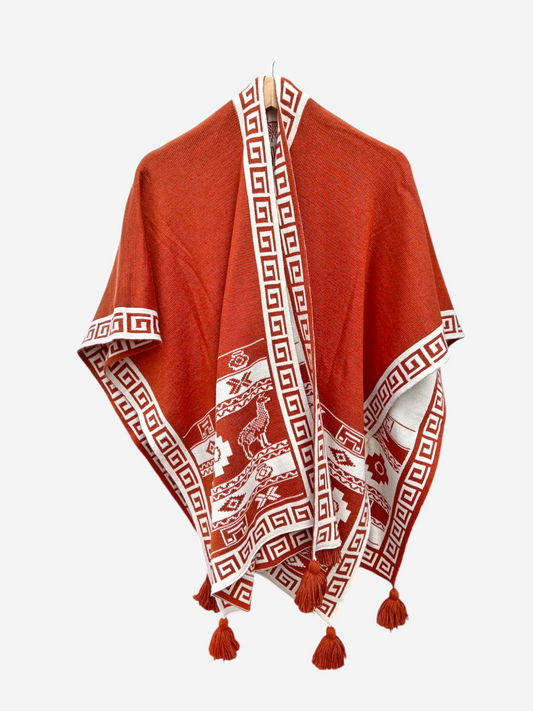 Ruana con motivos Ocre y Crema