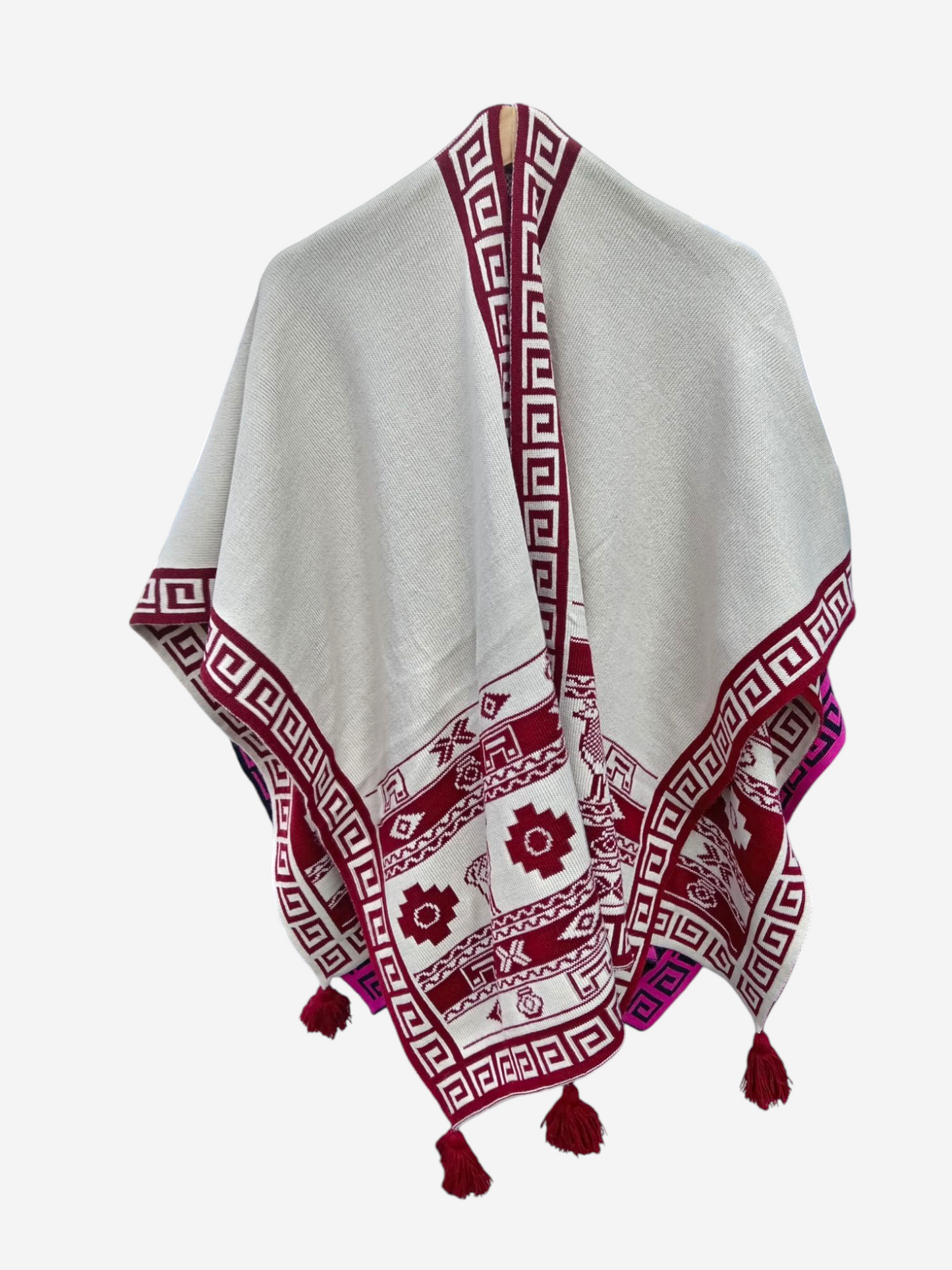 Ruana con motivos Crema y Guinda