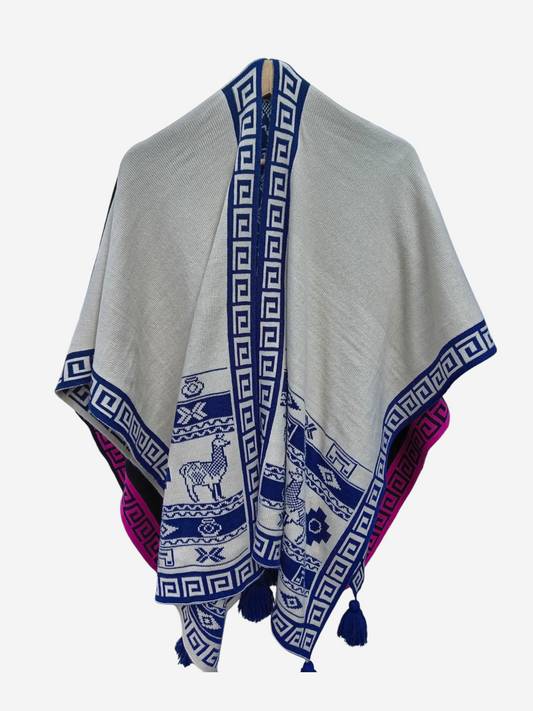 Ruana con motivos Azul y Blanco