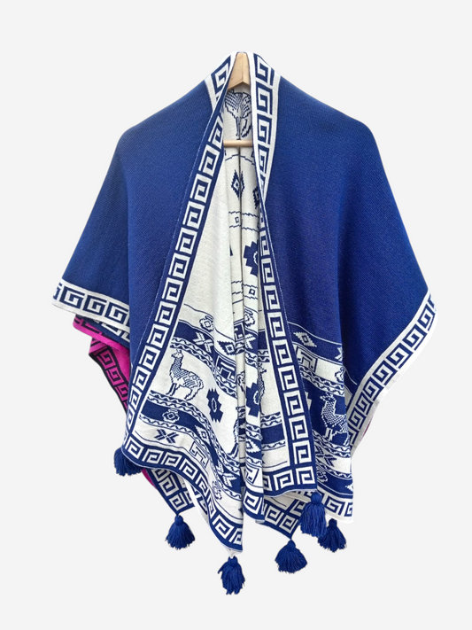 Ruana con motivos Azul y Blanco