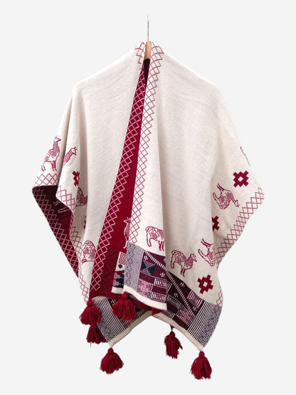 Ruana con motivos Guinda y Crema