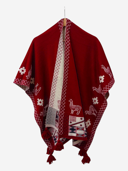Ruana con motivos Guinda y Crema