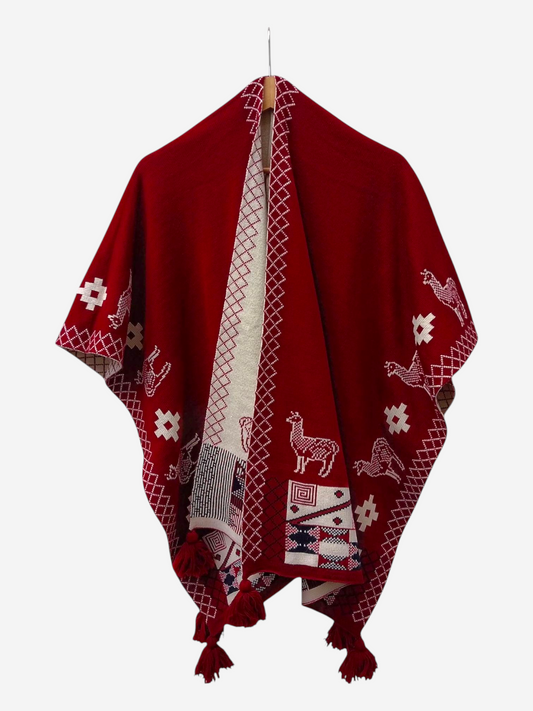 Ruana con motivos Guinda y Crema