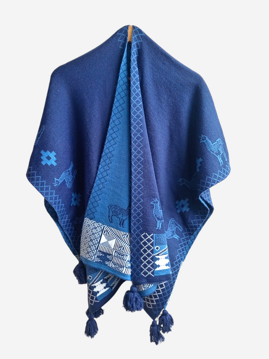 Ruana con motivos Azul acero y celeste